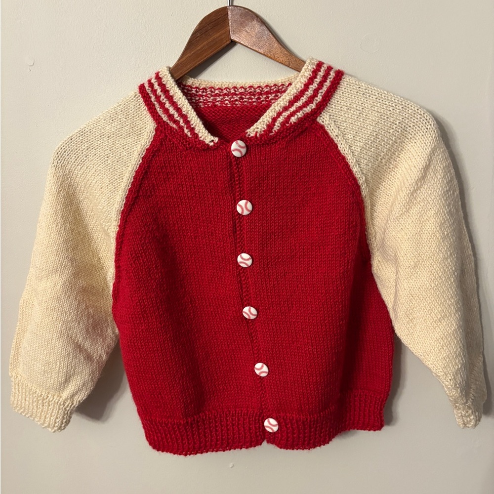 New Hand Knit Baseball Jacket Red and Cream Kids Snap Front Cardigan